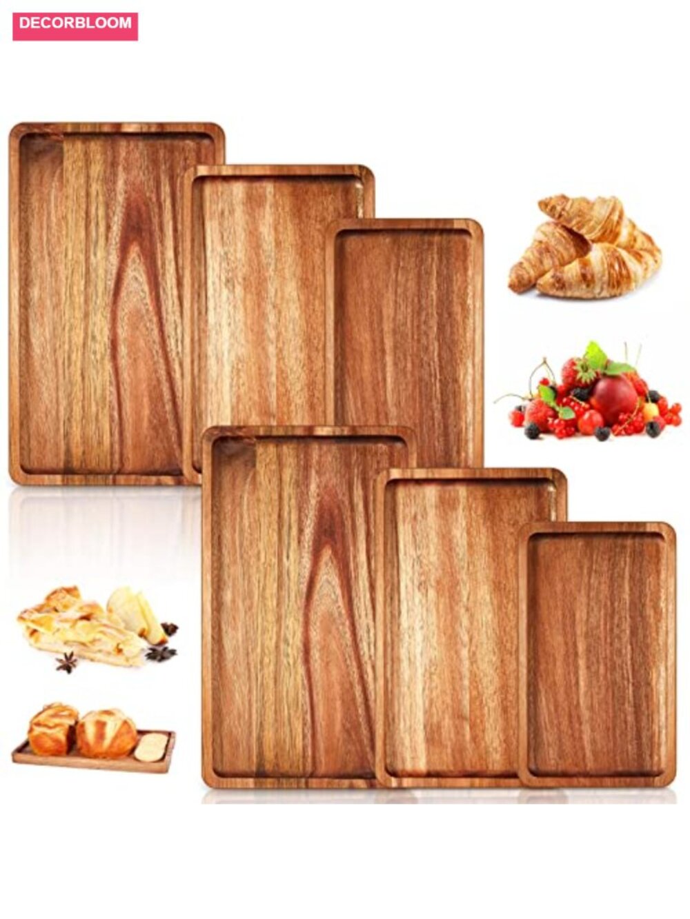 Acacia Wood Serving Trays Set 6 Pc Rectangular Platters 3 Sizes Raised Edge